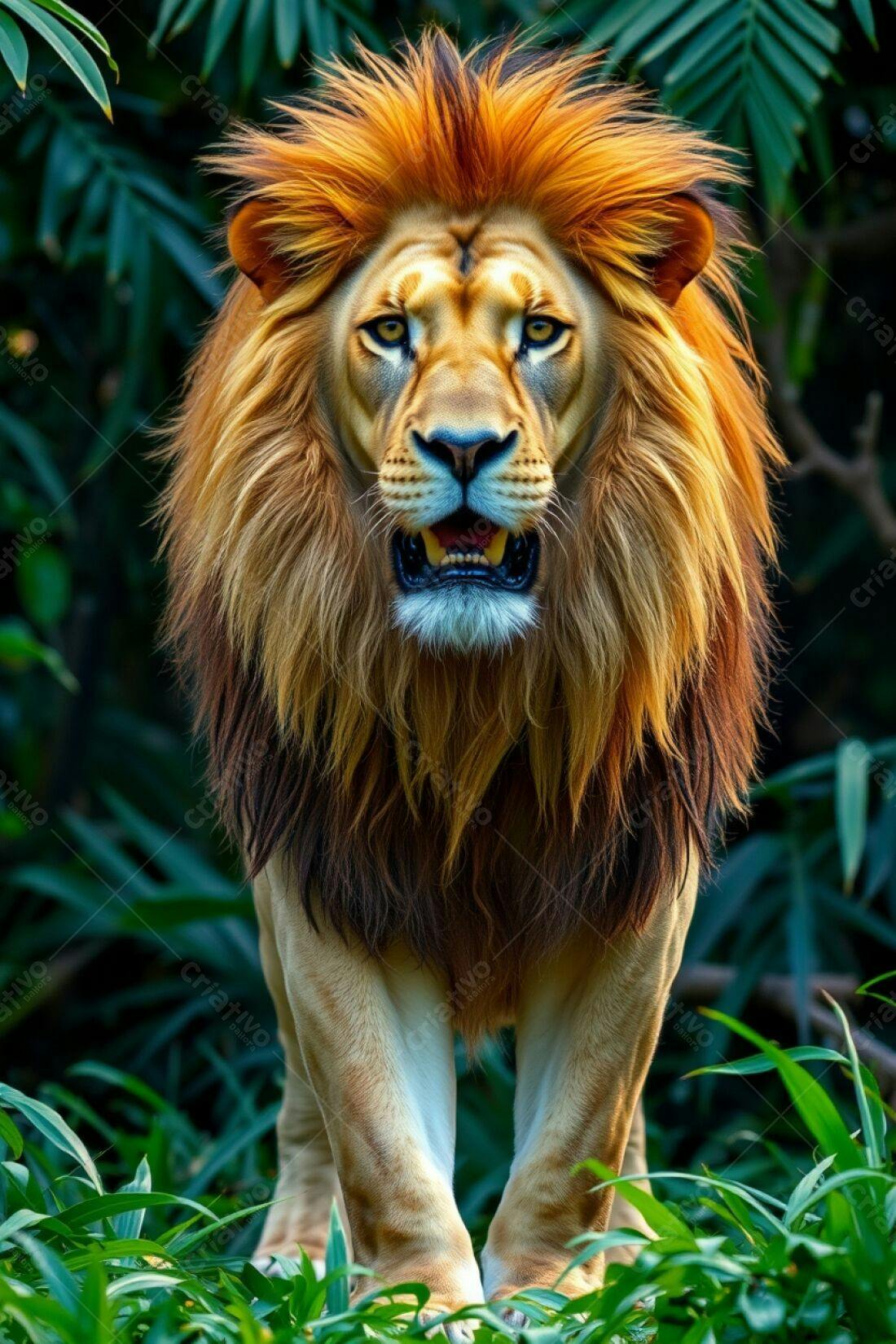 Leão majestoso na selva exuberante