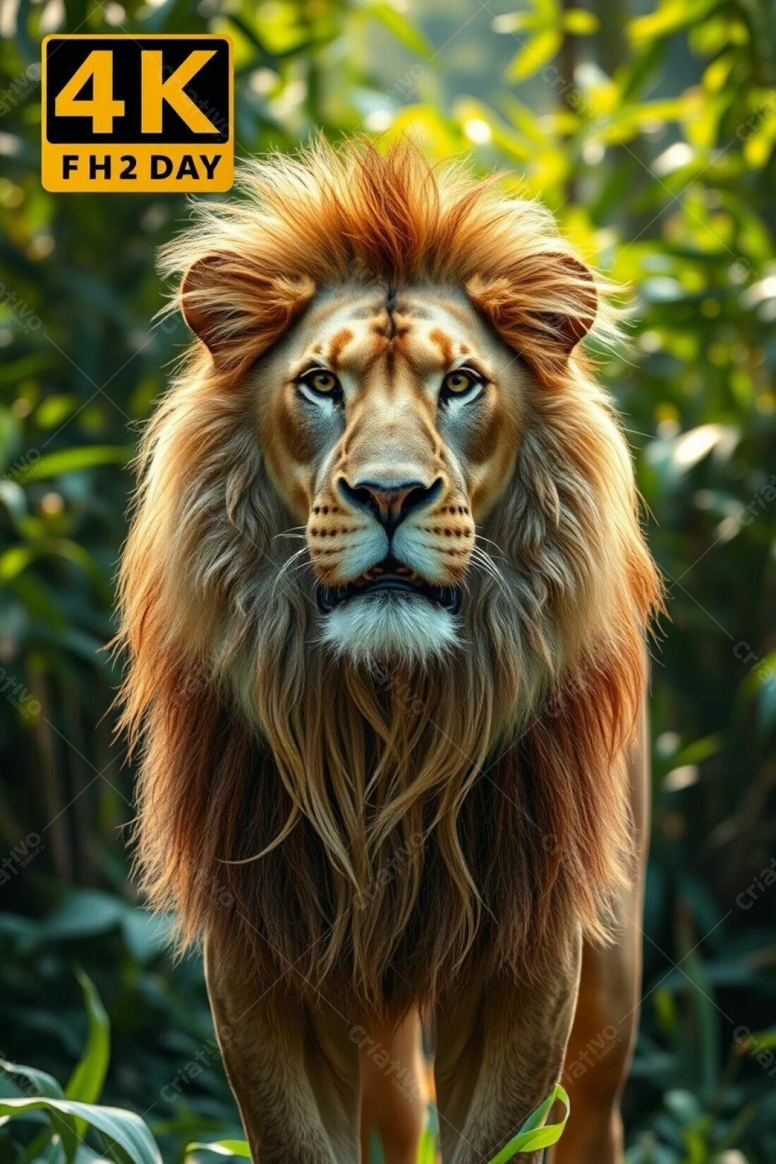 Leão majestoso em floresta exuberante