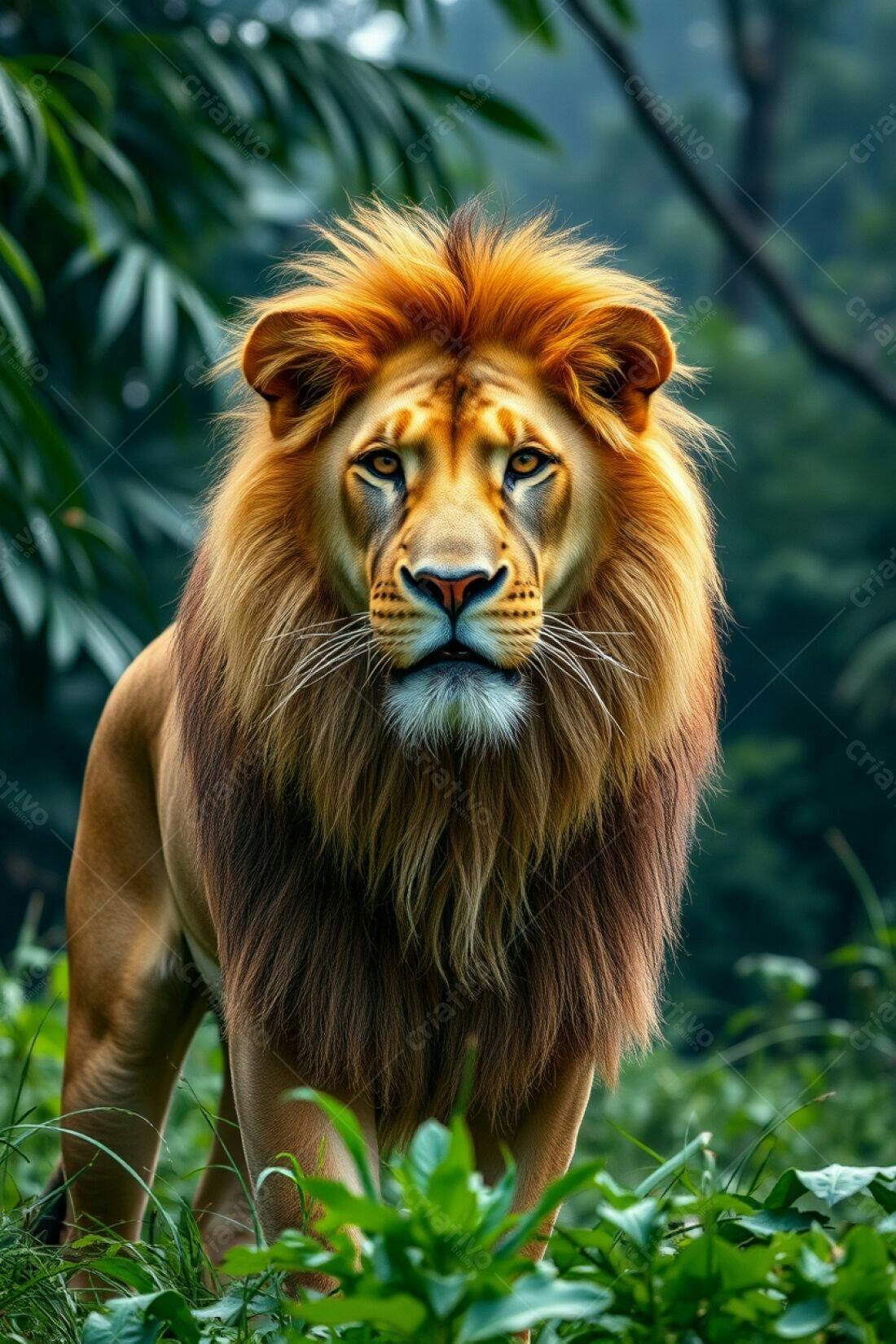 Leão majestoso em floresta verde