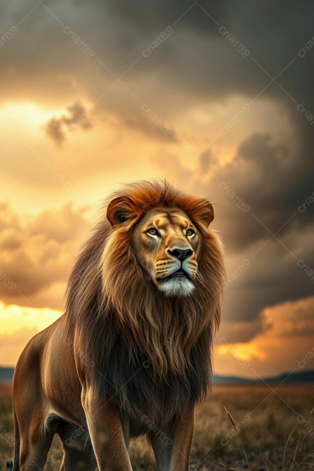 Leão majestoso ao pôr do sol na savana
