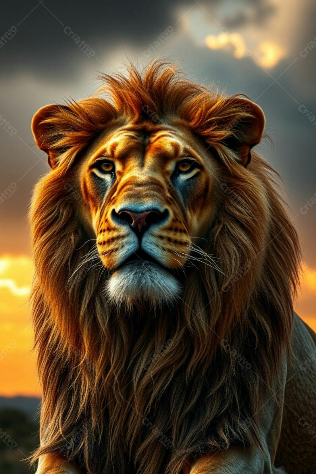 Leão majestoso ao pôr do sol