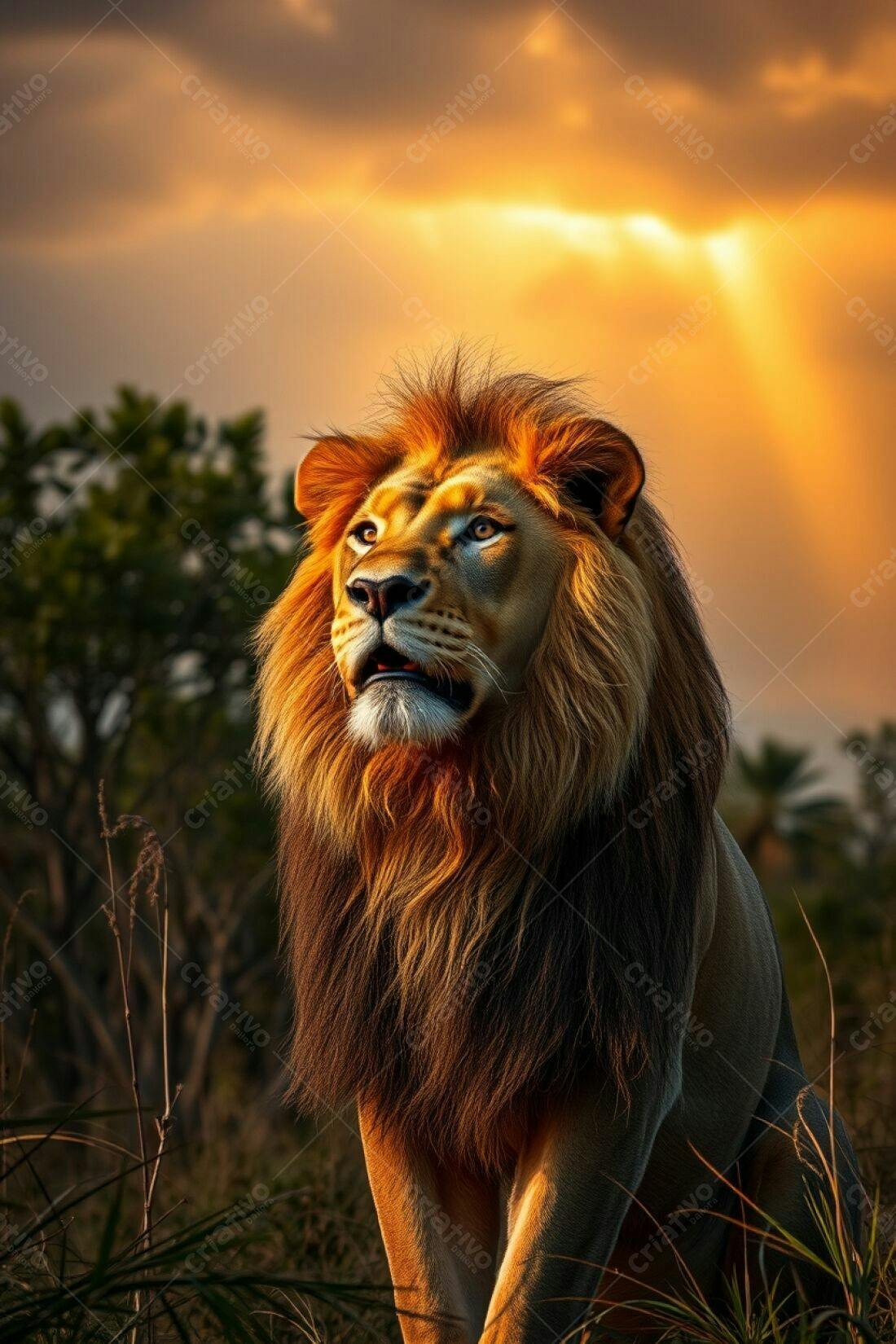 Leão majestoso ao pôr do sol na savana