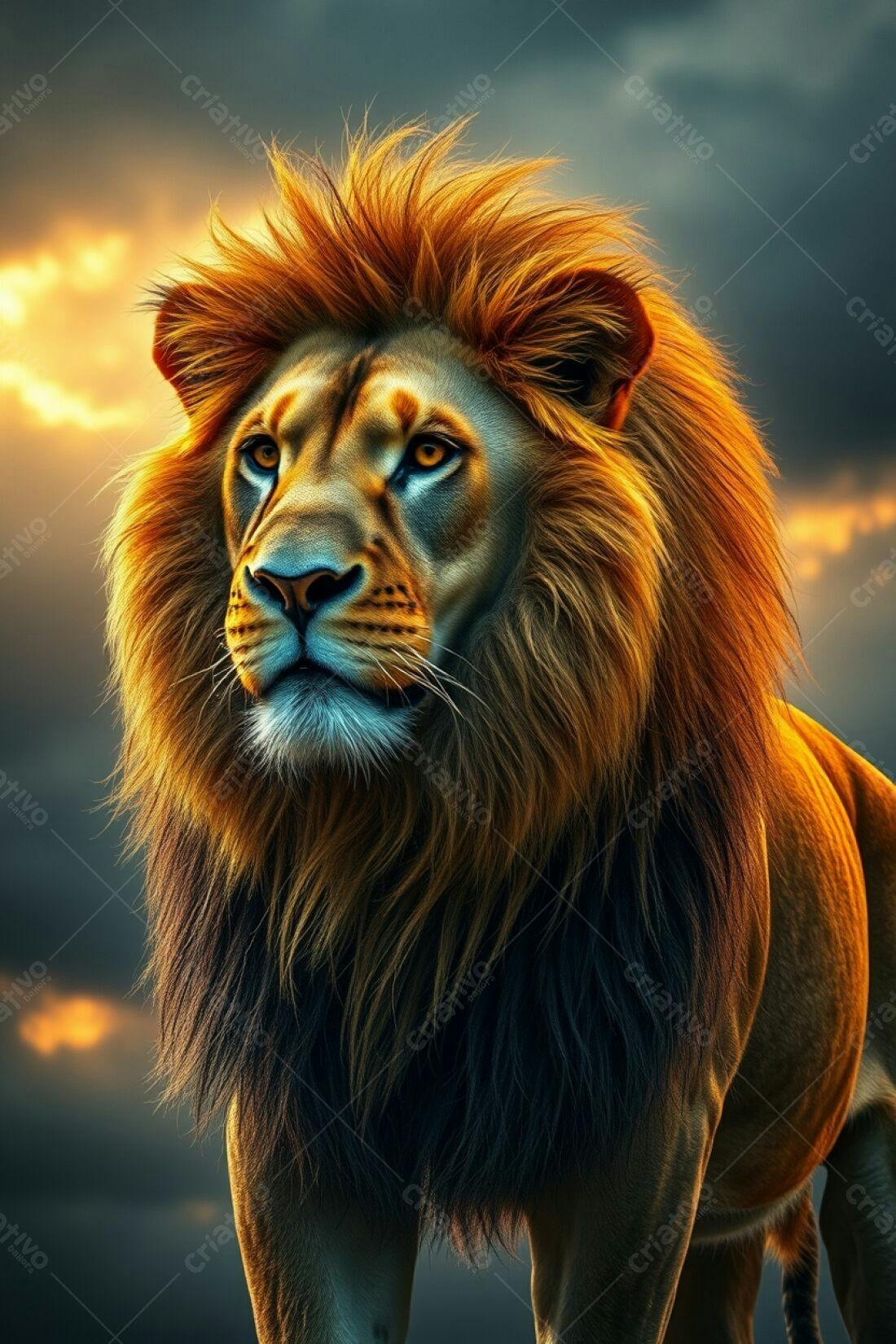 Leão majestoso ao pôr do sol