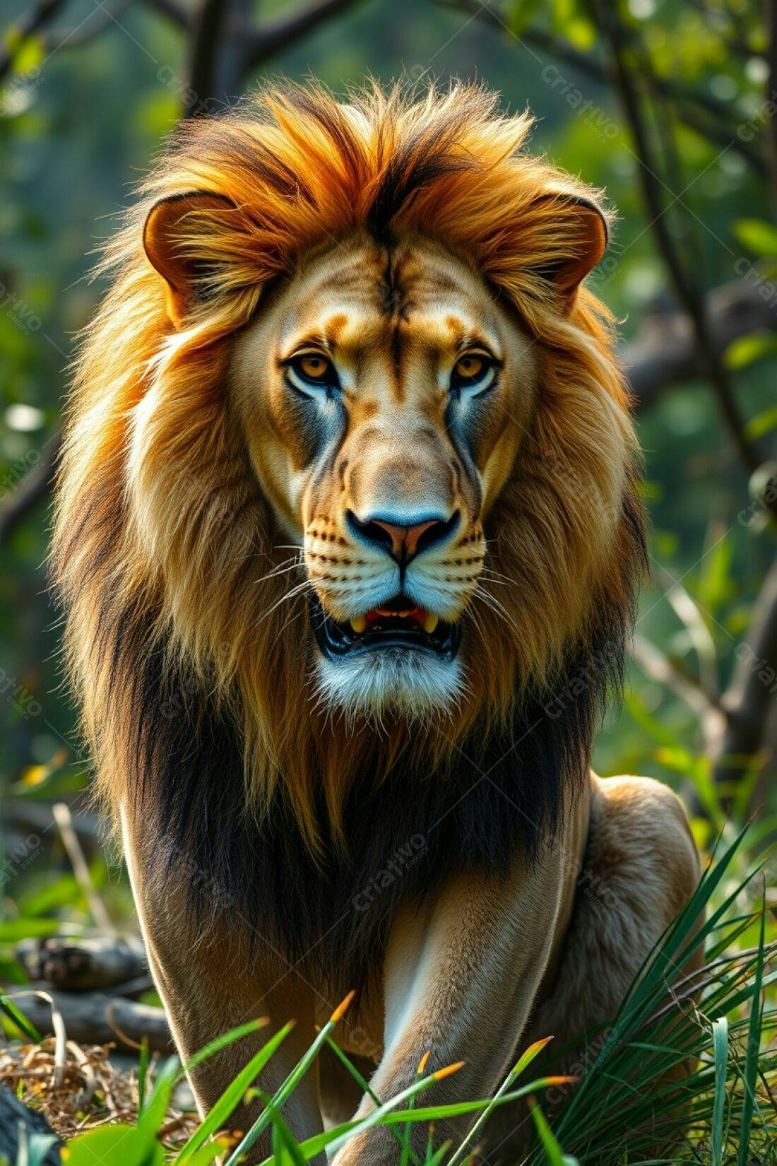 Leão majestoso em floresta verde
