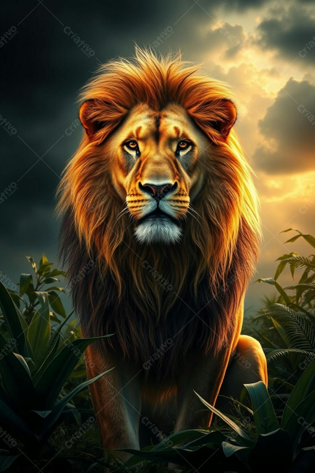 Leão majestoso em savana ao entardecer