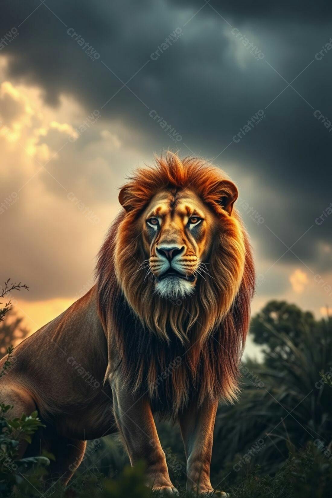 Leão majestoso ao pôr do sol