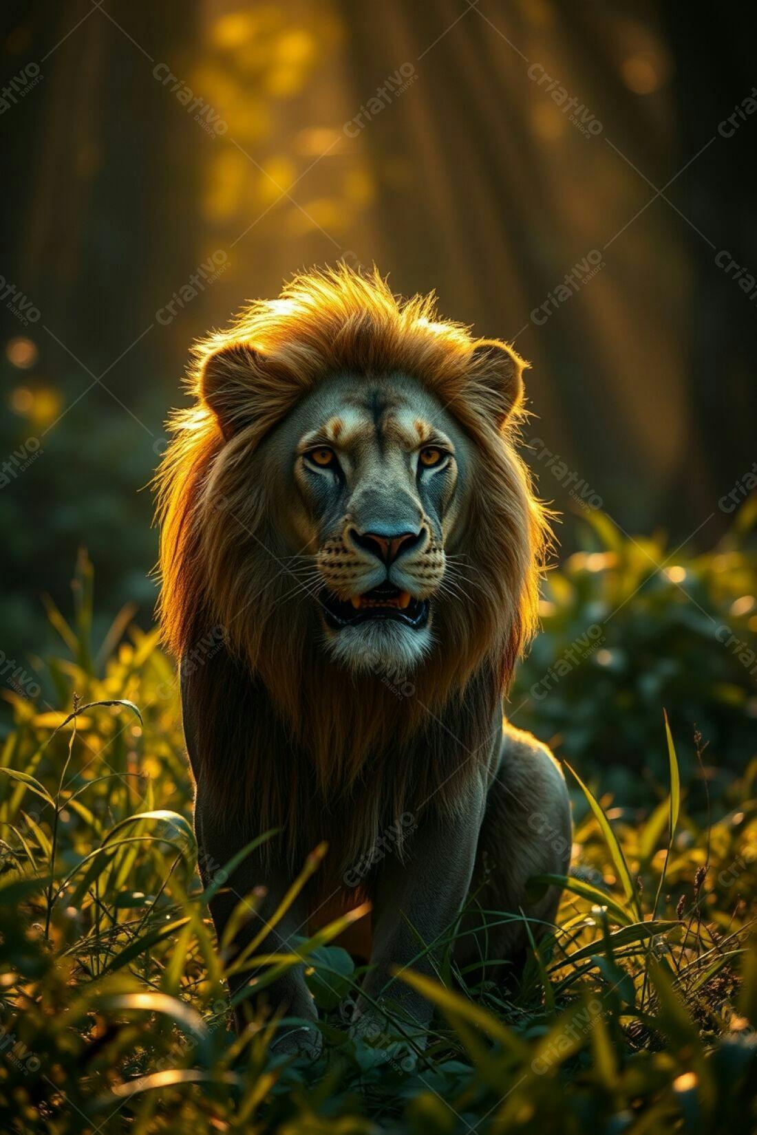 Leão majestoso ao pôr do sol na savana