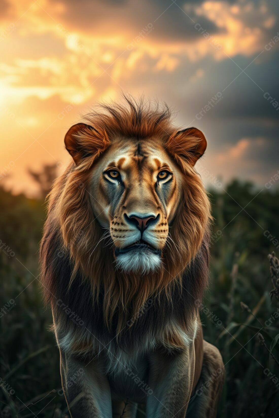 Leão majestoso ao entardecer na savana