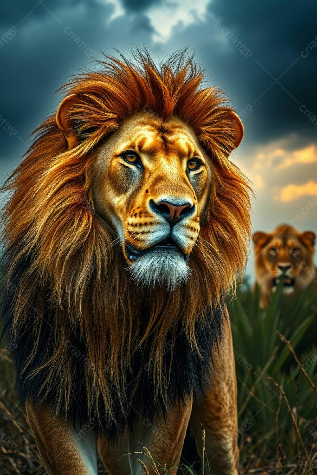 Leão majestoso em savana africana ao entardecer