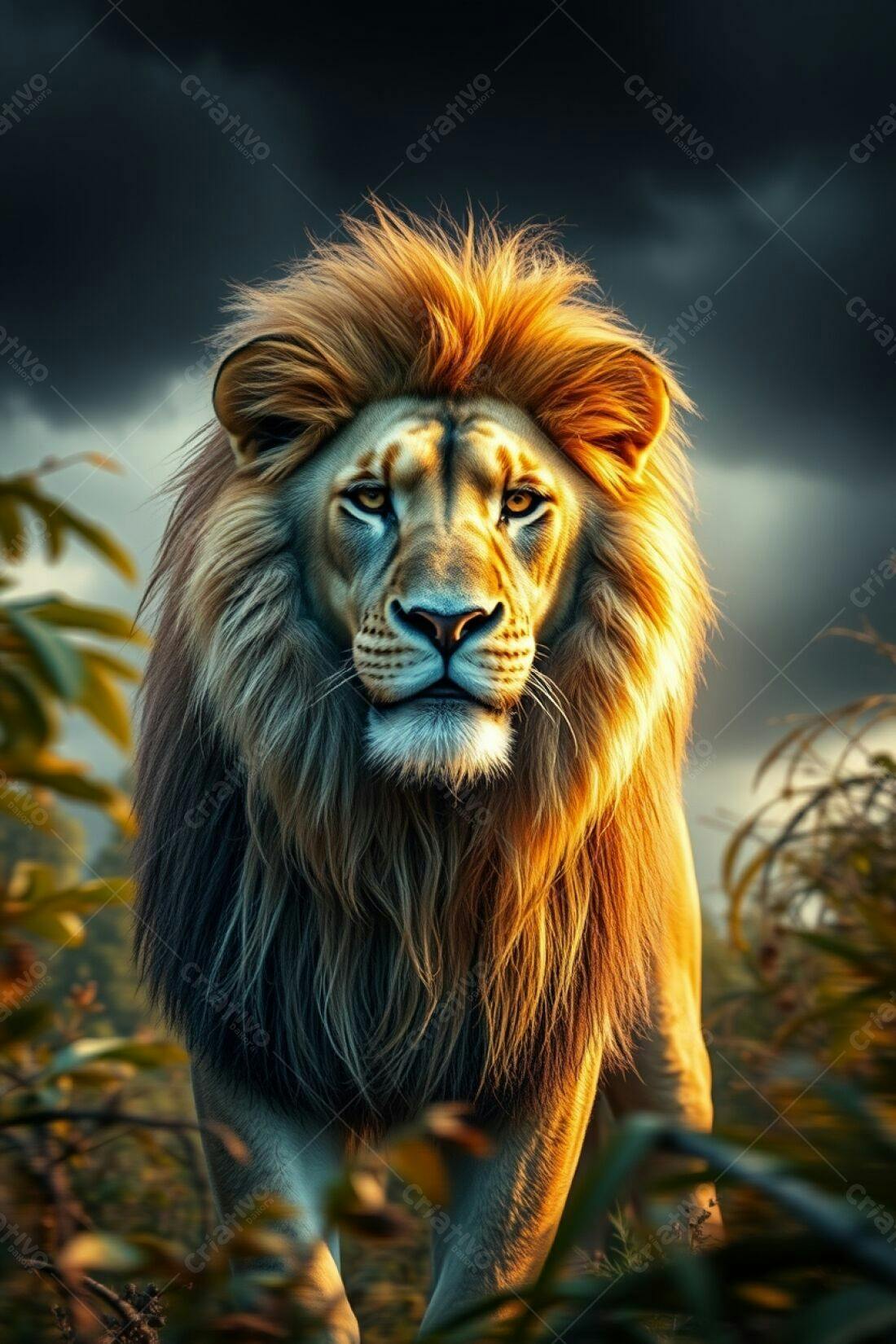 Leão majestoso em savana ao entardecer