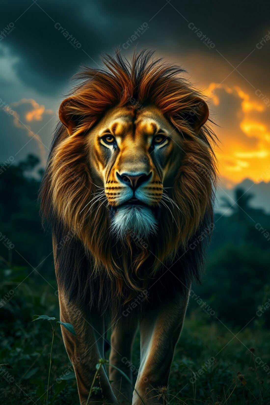 Leão majestoso ao pôr do sol