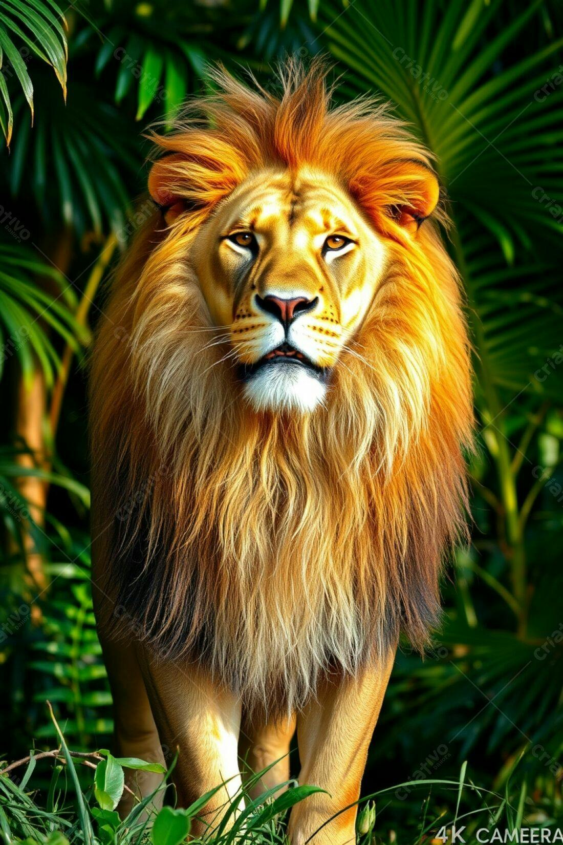 Leão majestoso na selva exuberante