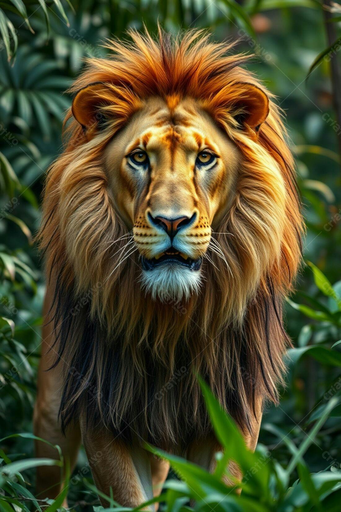 Leão majestoso em floresta tropical