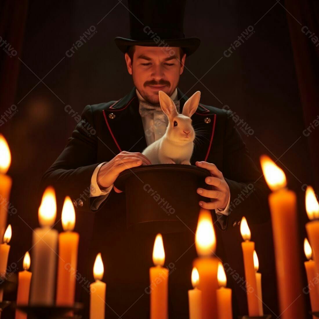 Mago revelando coelho em chapéu mágico