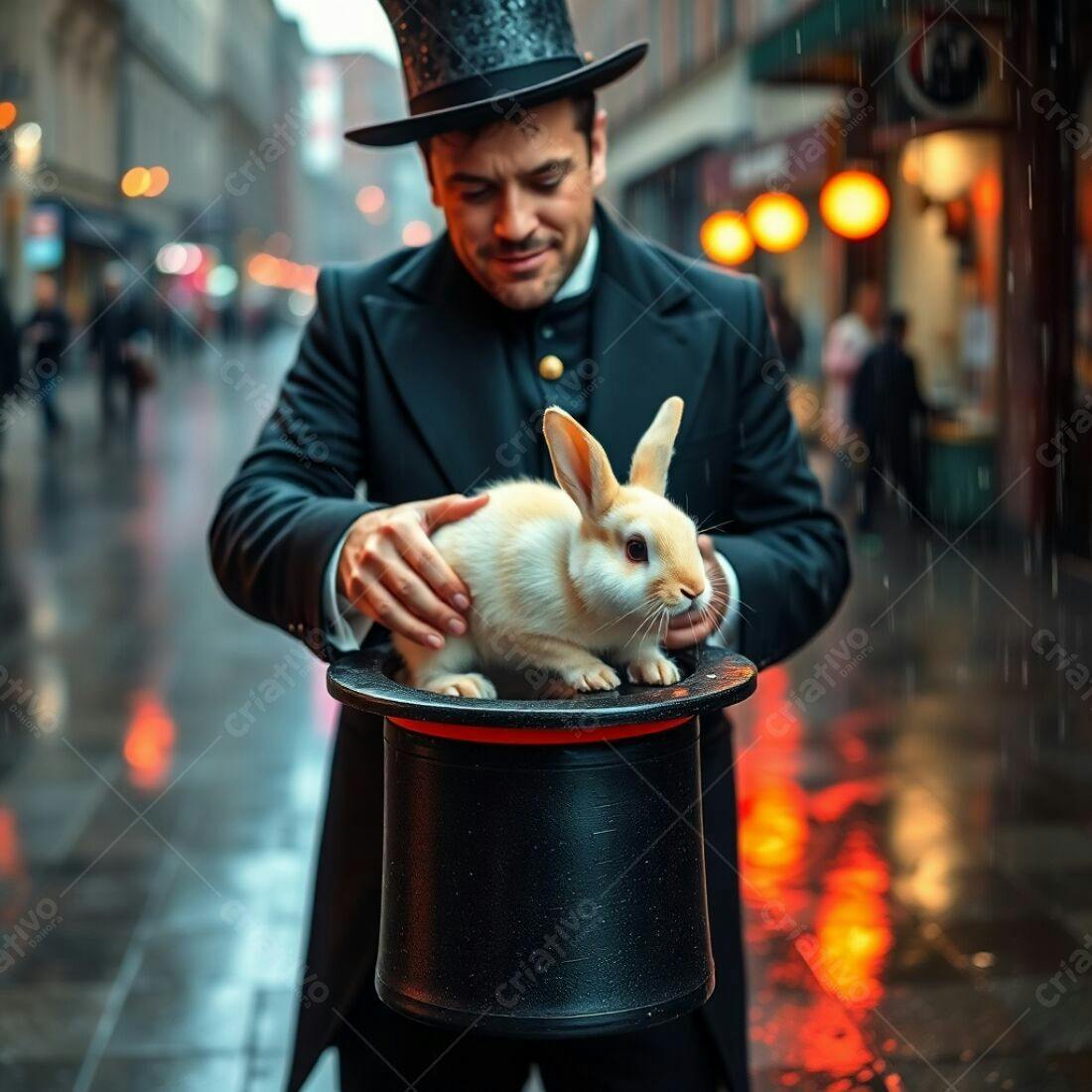Mago com coelho na rua sob chuva