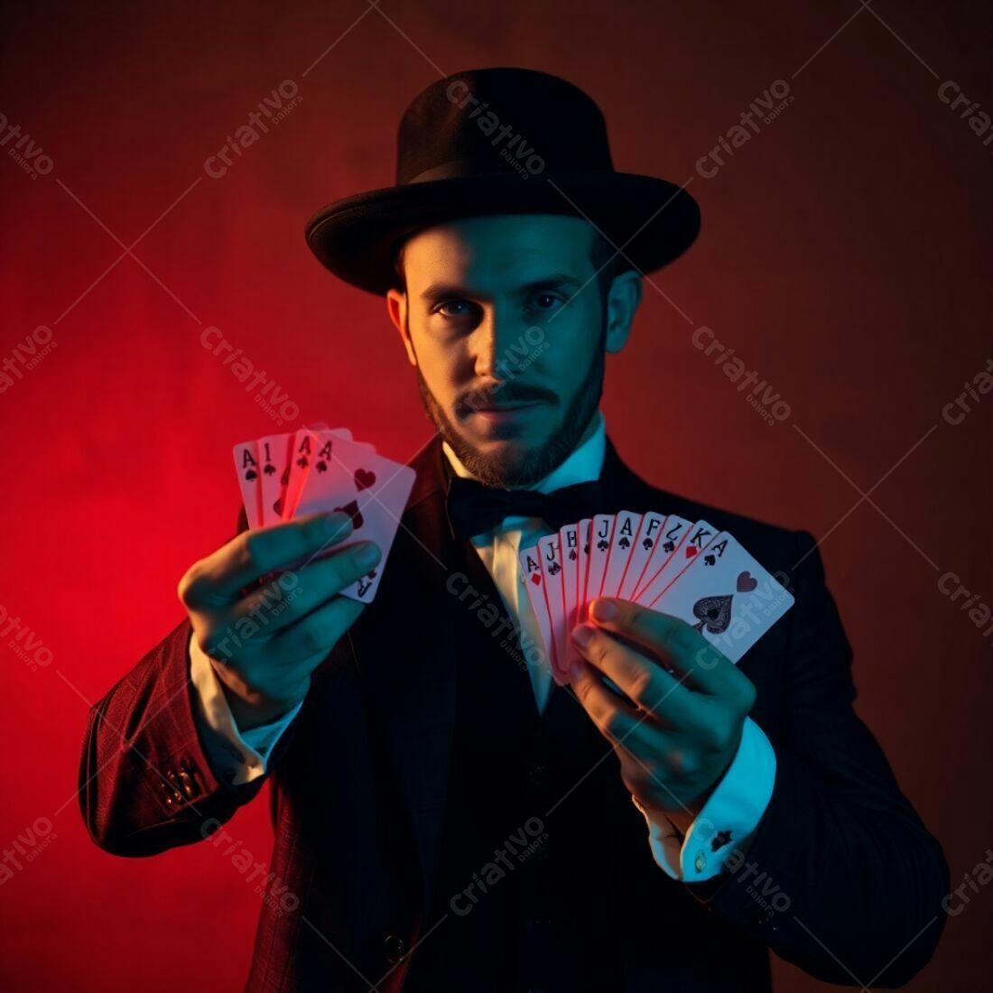 Mágico com cartas em fundo vermelho