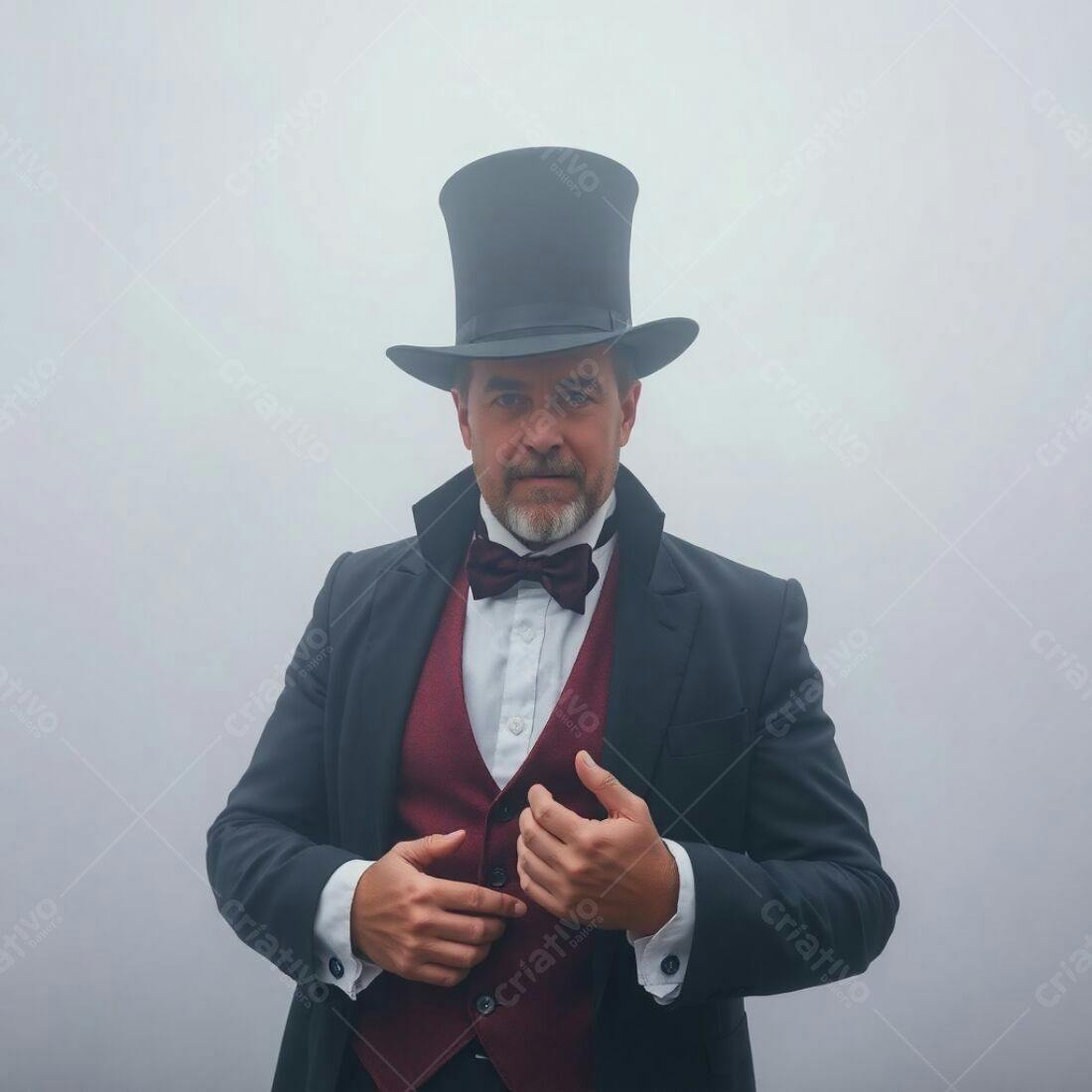 Homem elegante com chapéu cartola em fundo cinza