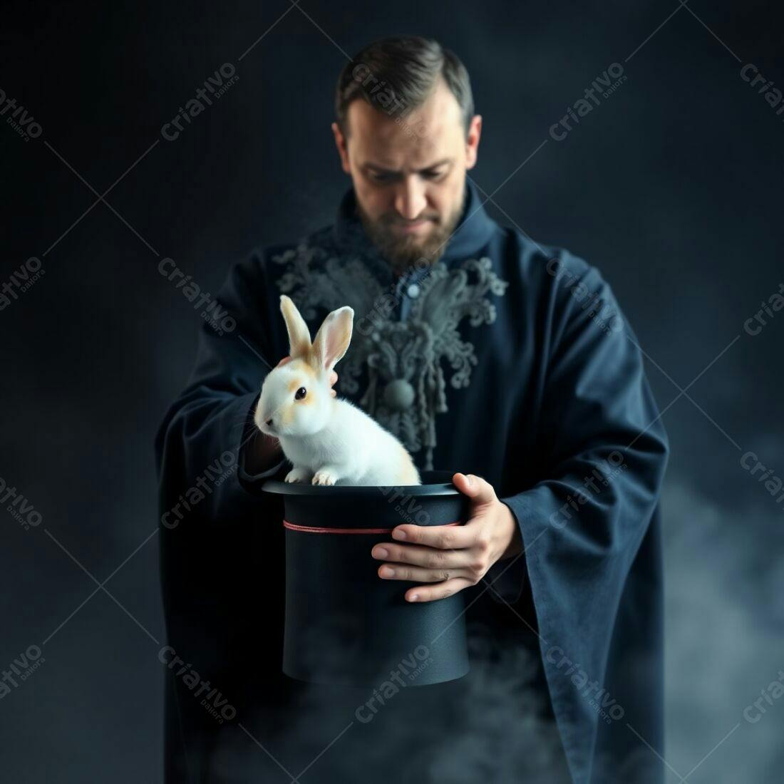Mago com coelho branco em chapéu