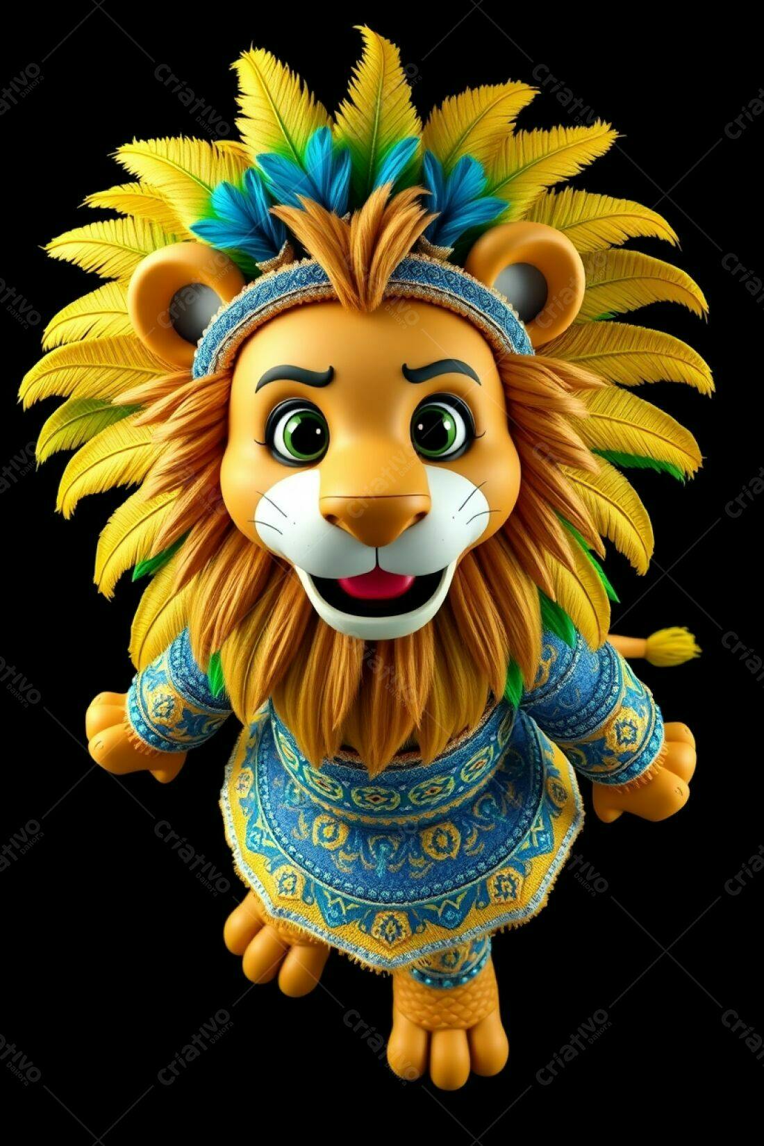 Leão animado com traje azul e amarelo