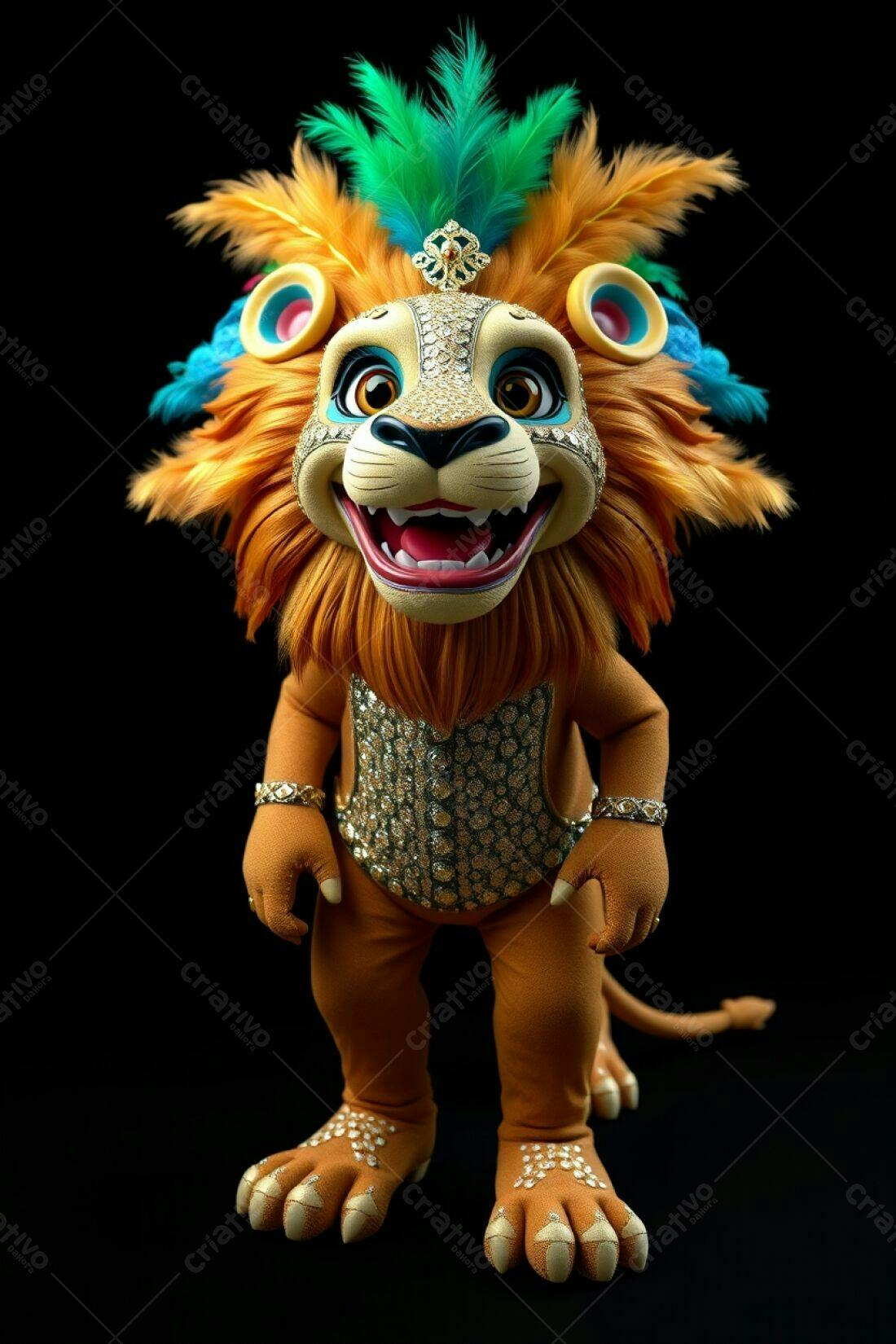 Leão marionete com traje dourado e penas