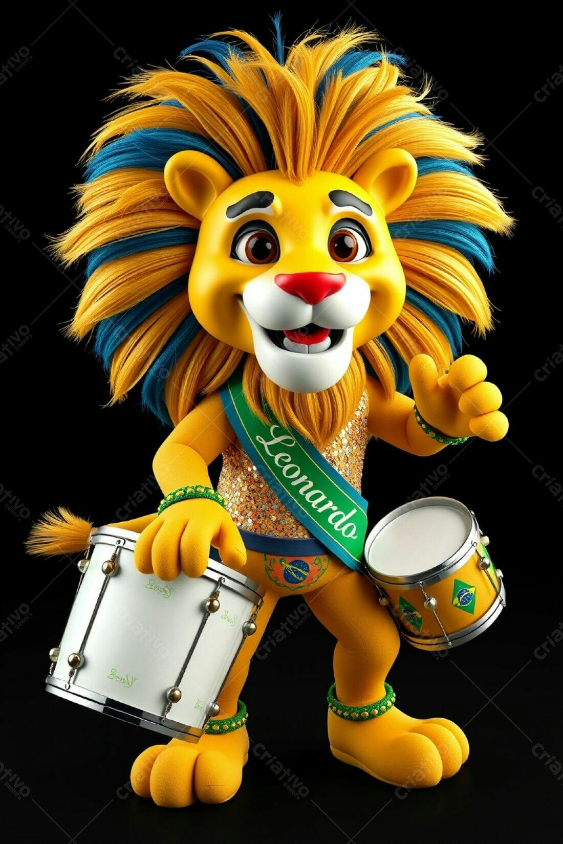 Leão animado tocando tambor com uniforme amarelo e azul