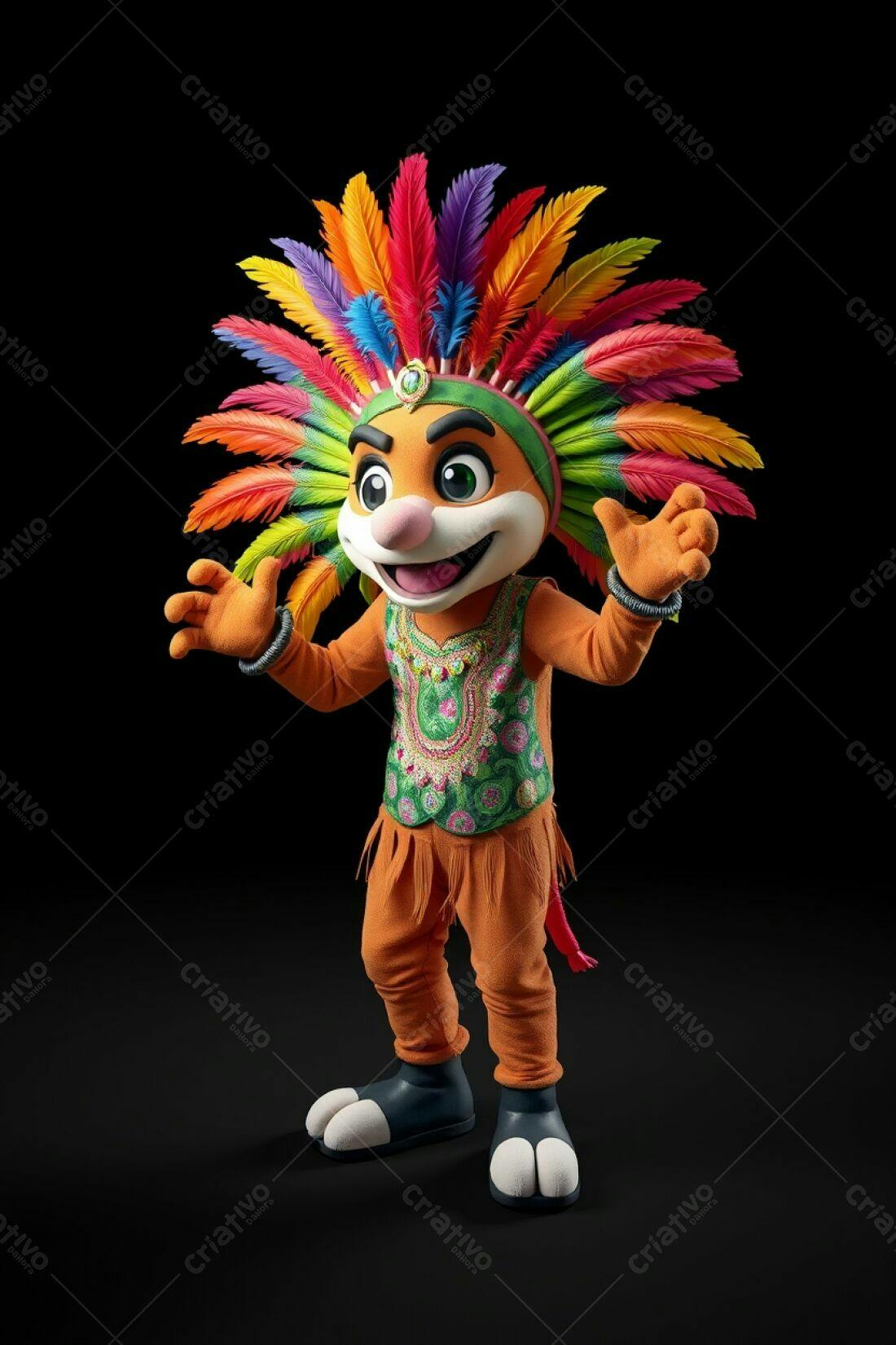 Mascote alegre com traje colorido e penas