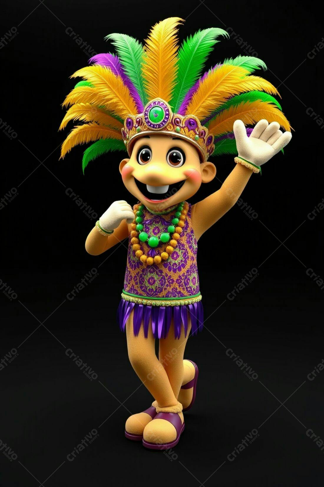 Mascote de Carnaval amarelo e roxo acenando