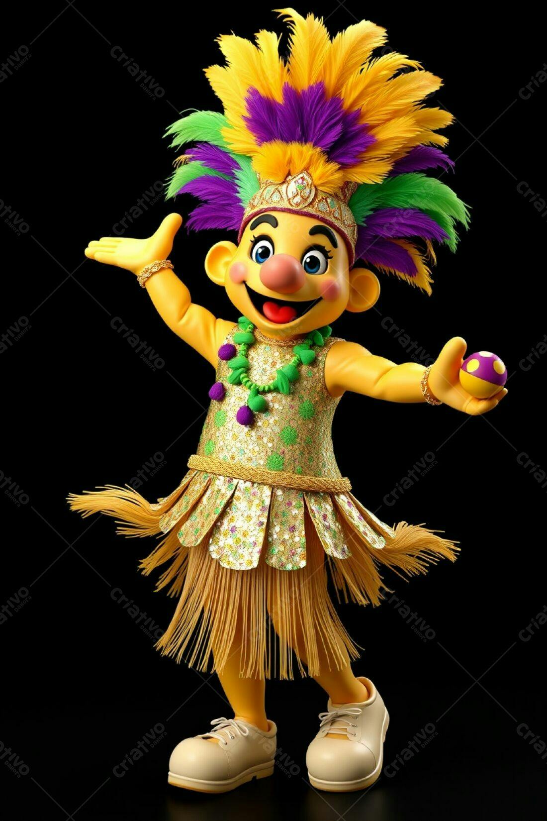 Mascote festivo amarelo com traje de penas