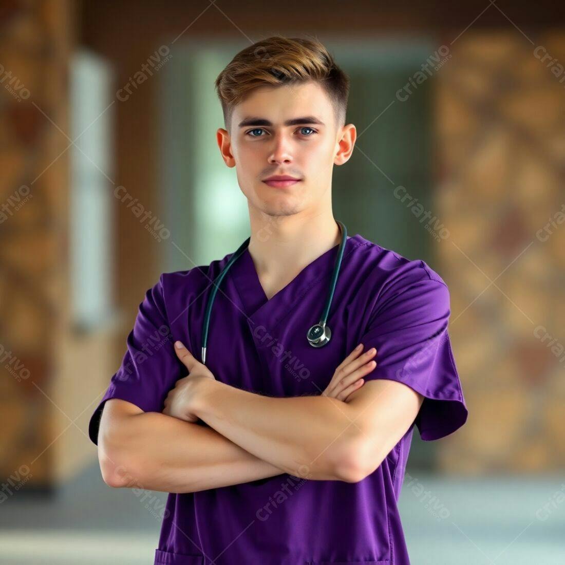 Médico jovem uniforme roxo braços cruzados