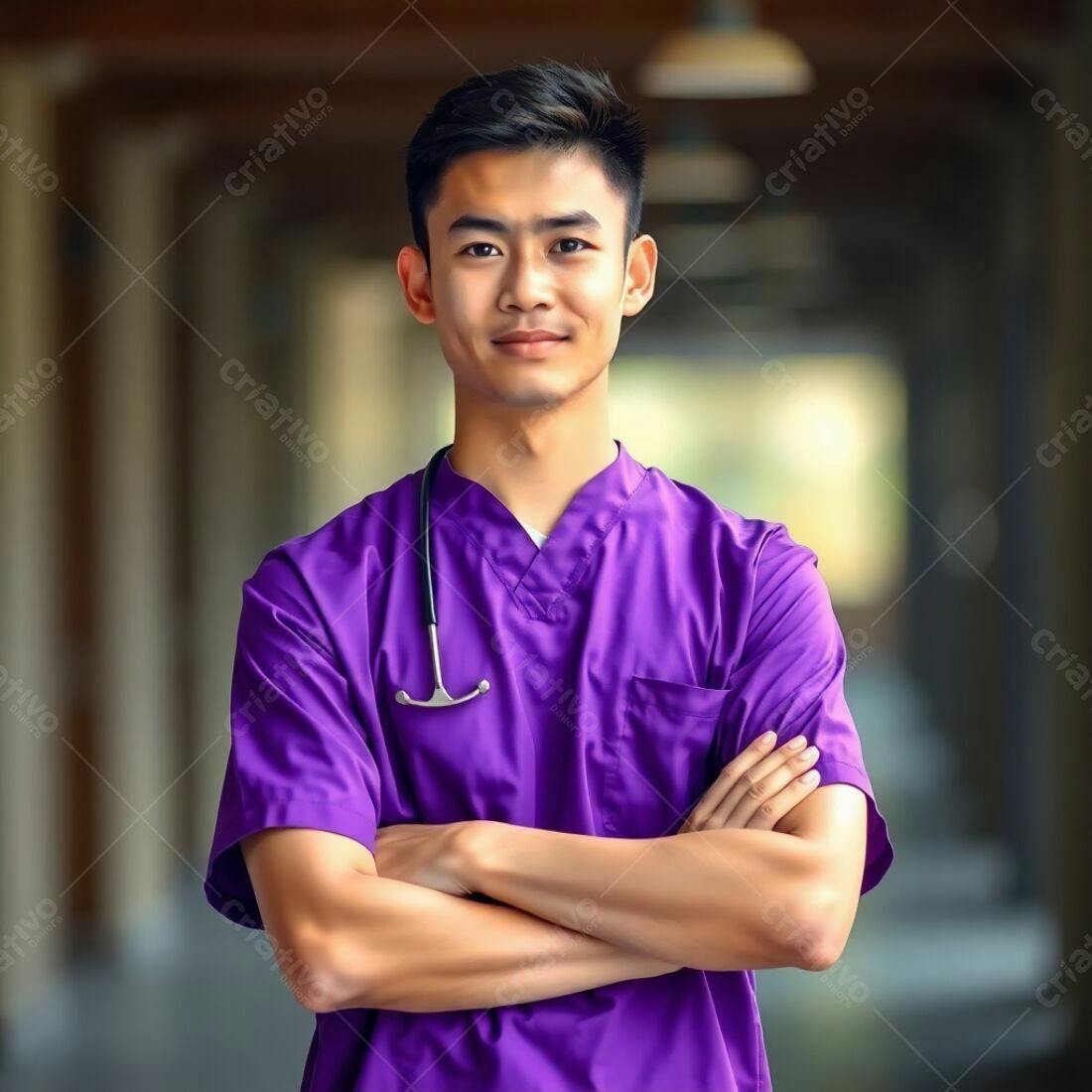 Médico asiático em uniforme roxo