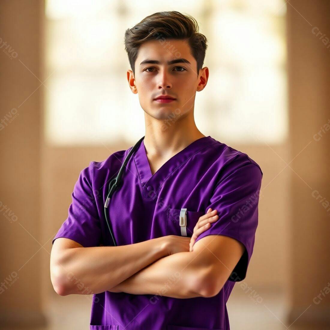 Médico jovem uniforme roxo braços cruzados