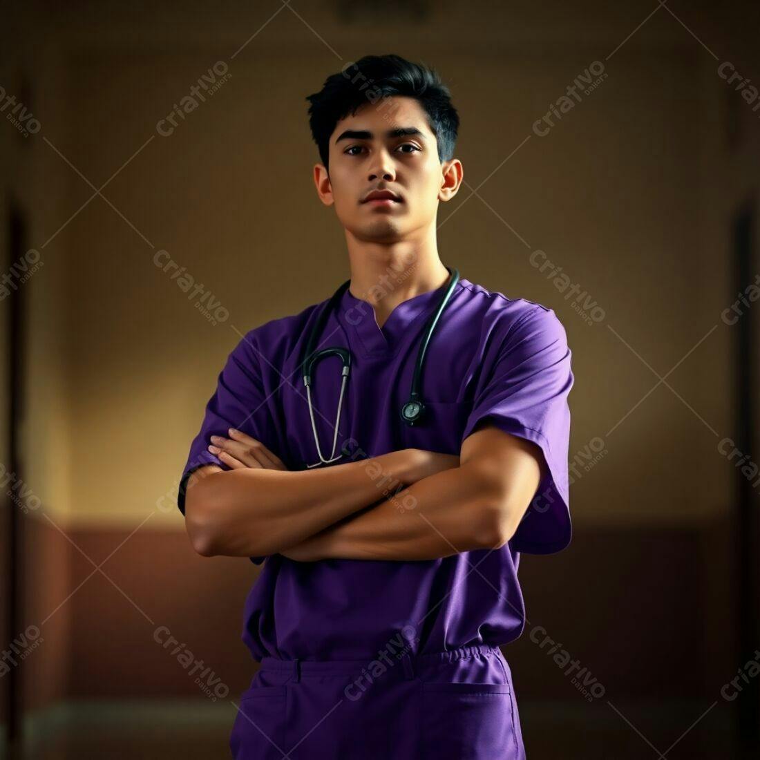 Médico jovem uniforme roxo braços cruzados