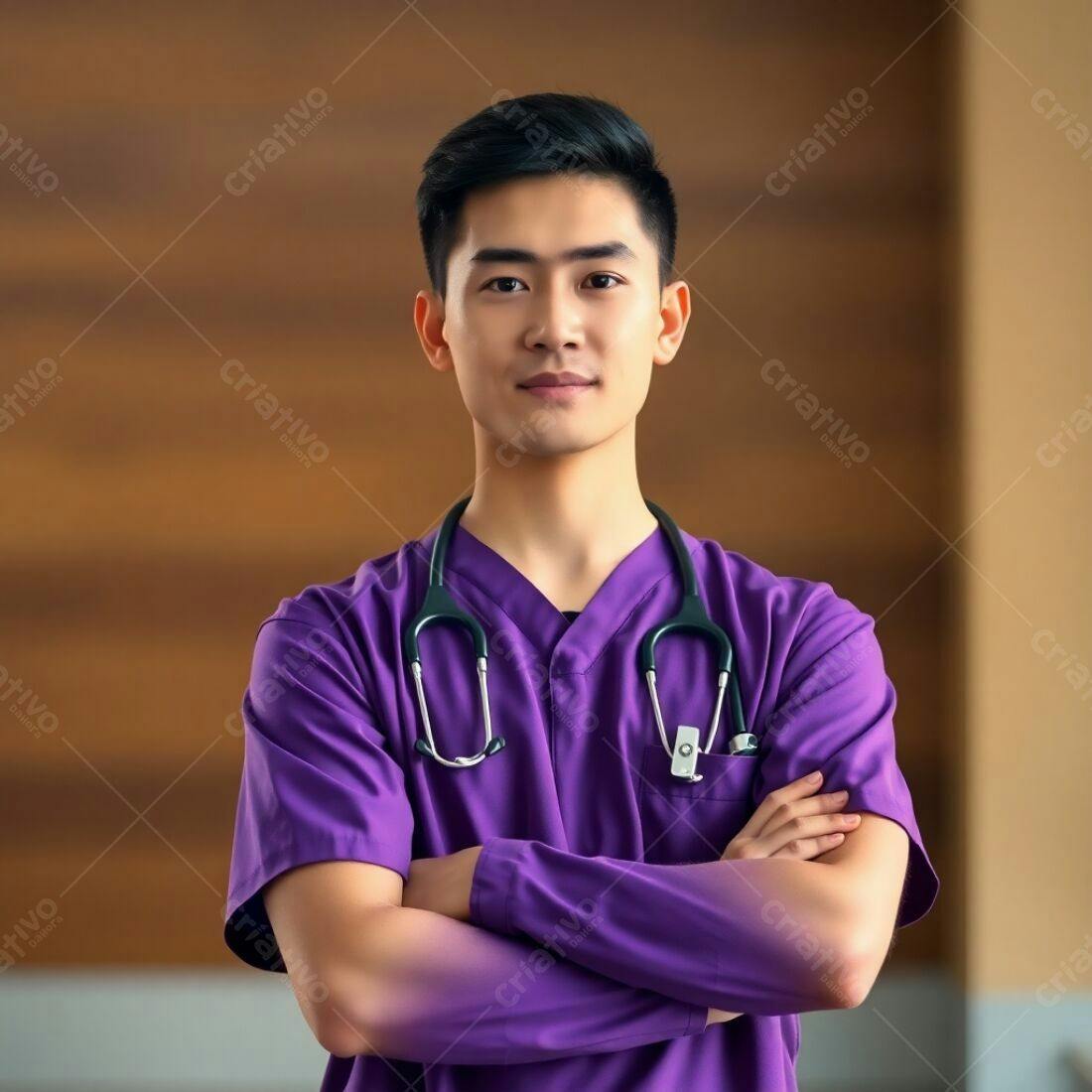 Médico asiático uniforme roxo braços cruzados
