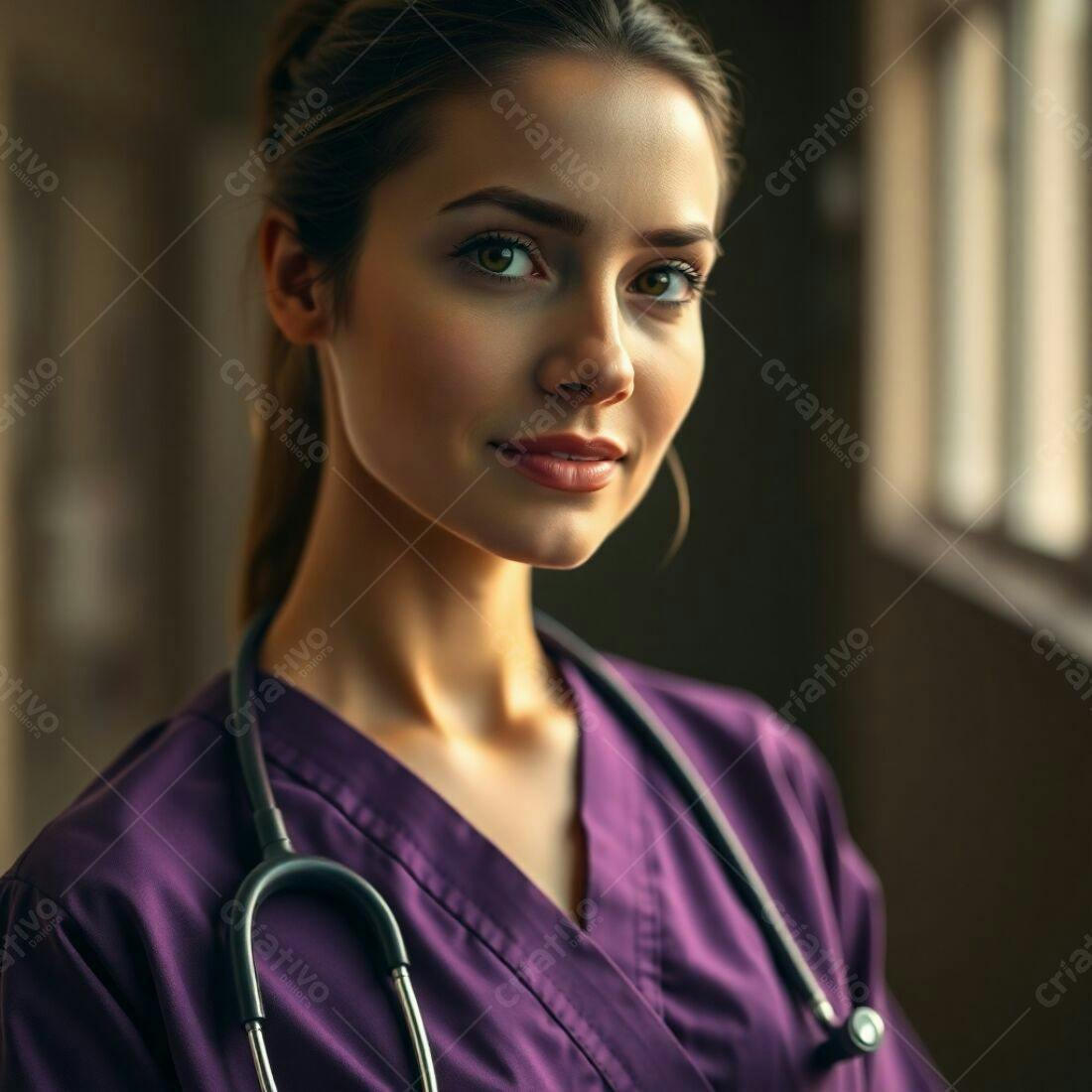Médica com jaleco roxo e estetoscópio