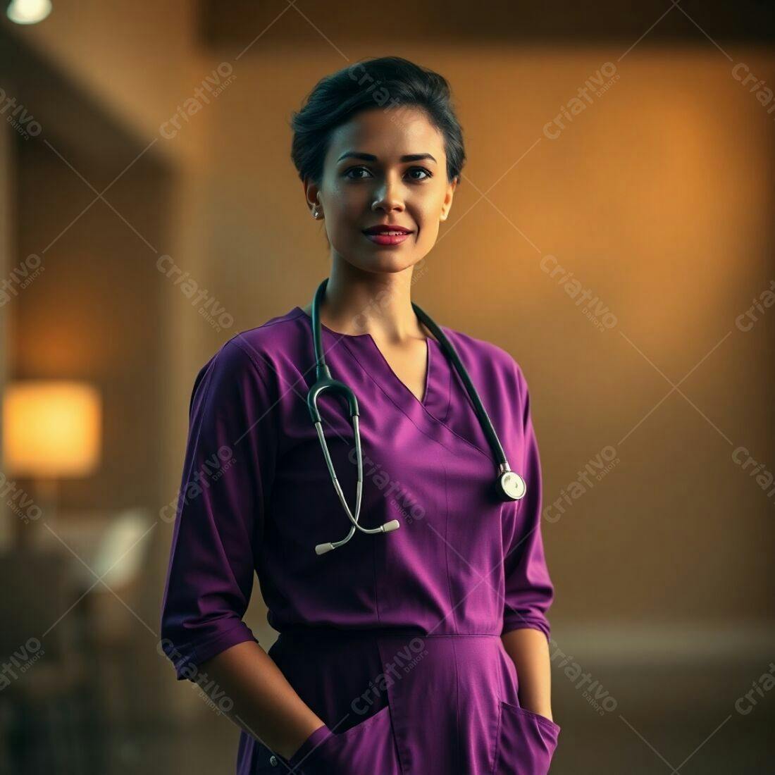 Médica sorridente em uniforme roxo