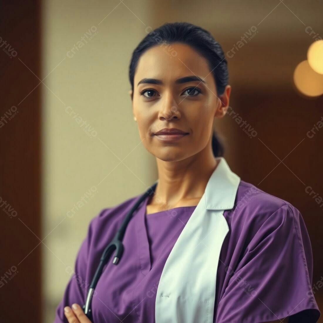 Médica confiante em uniforme roxo