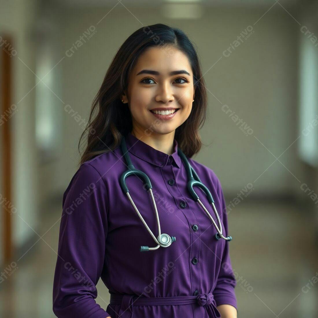 Médica asiática sorridente com estetoscópio roxo