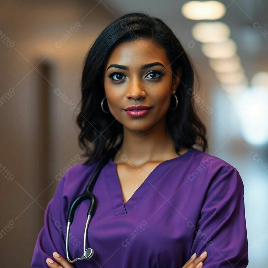 Médica Afro-americana em uniforme roxo