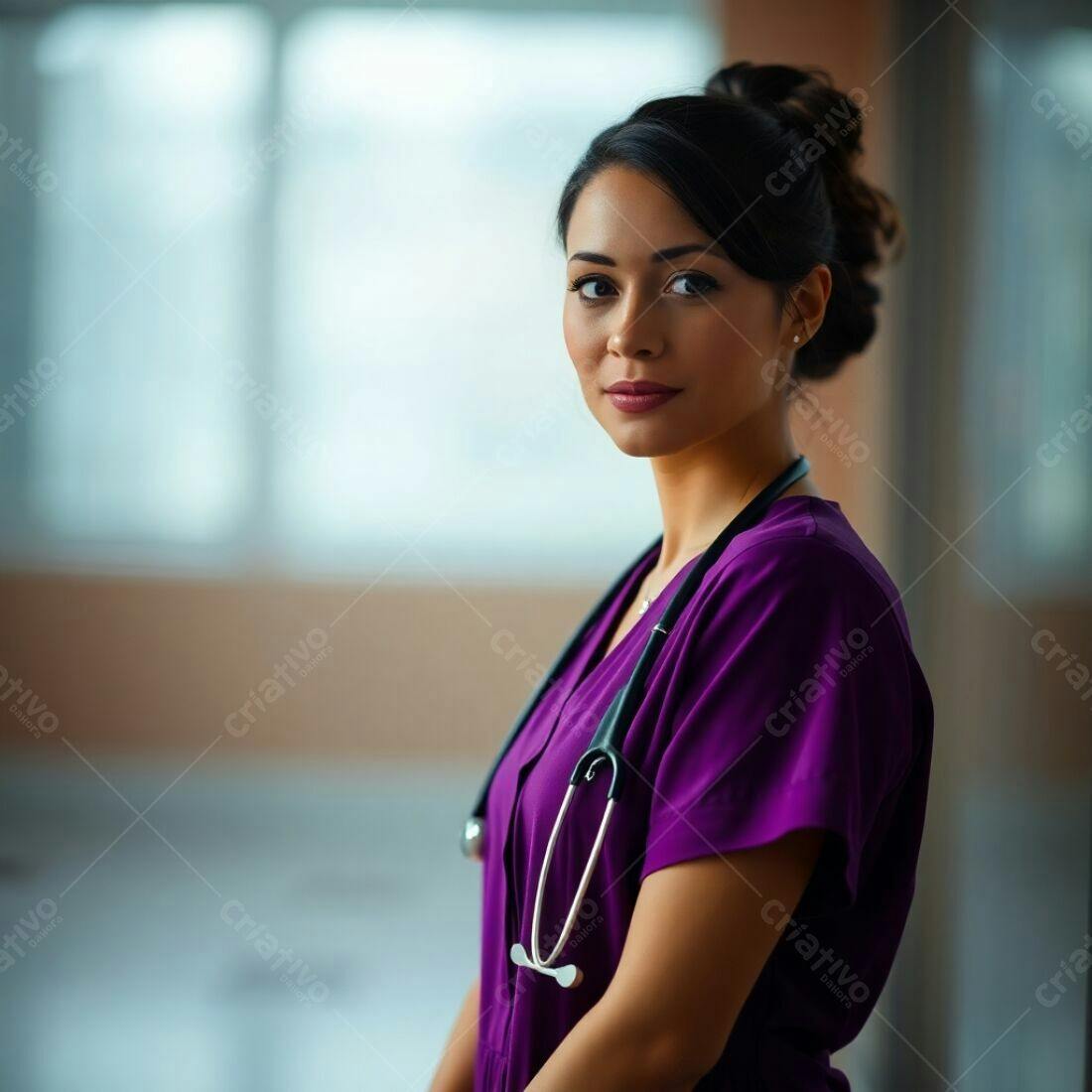 Médica latina em uniforme roxo