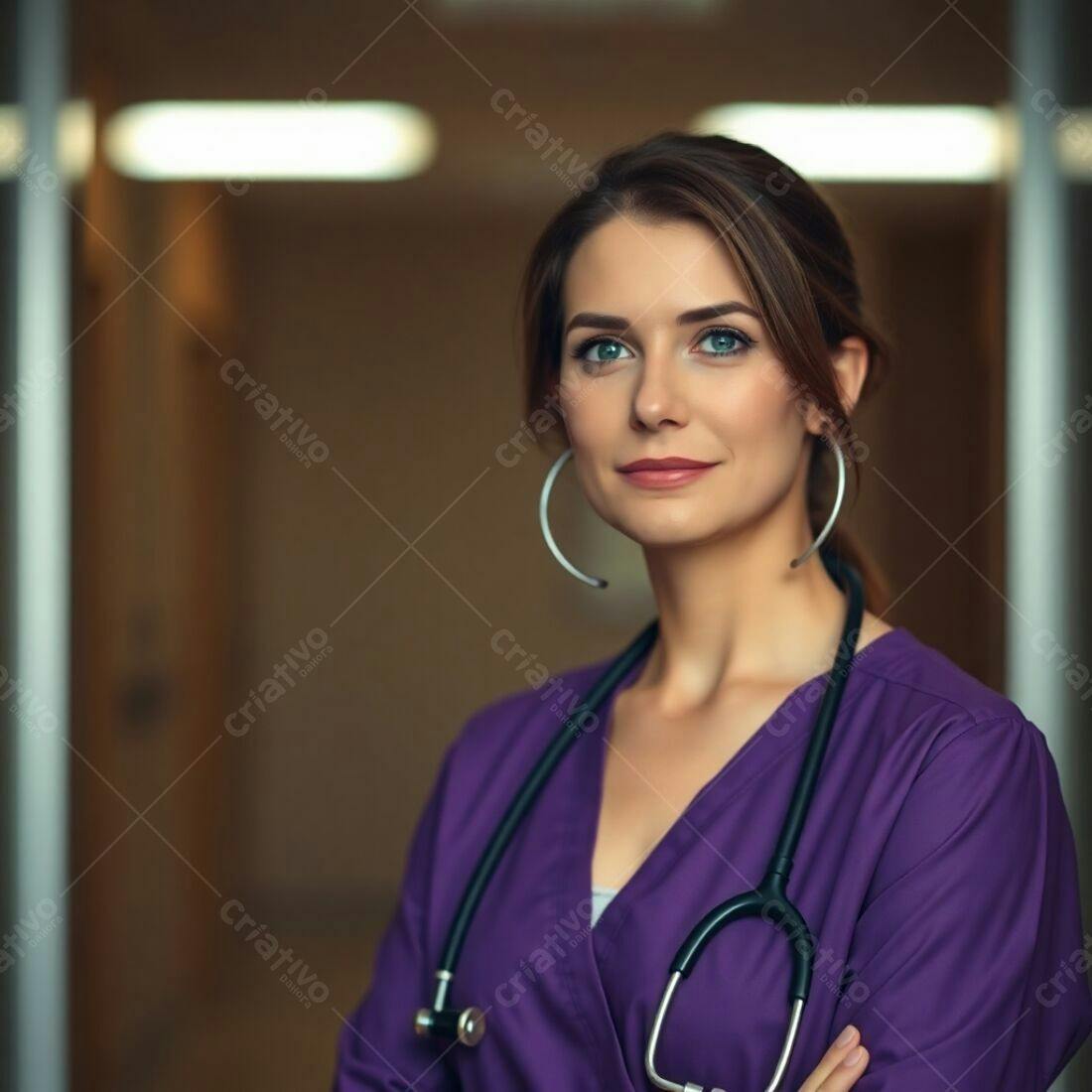 Médica confiante em uniforme roxo