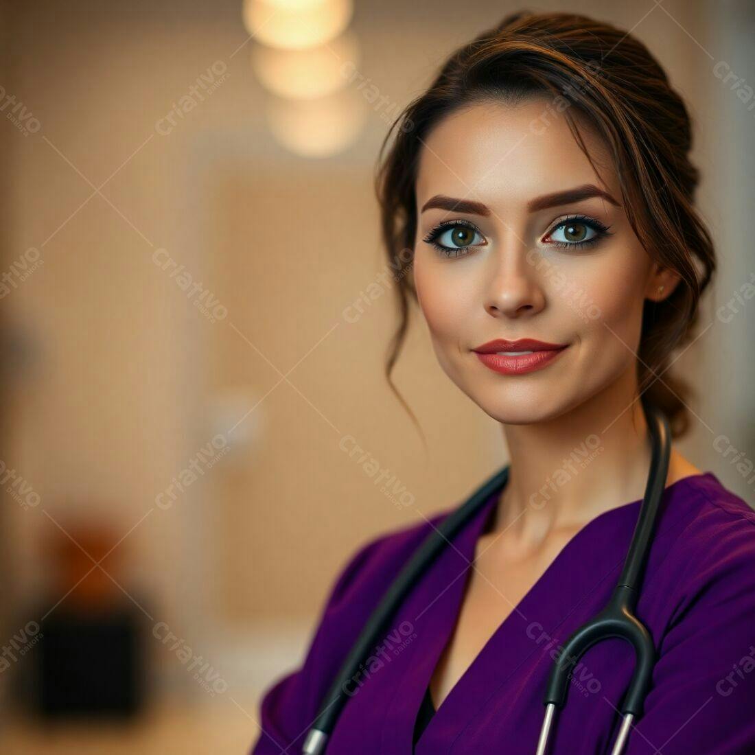 Médica sorridente uniforme roxo