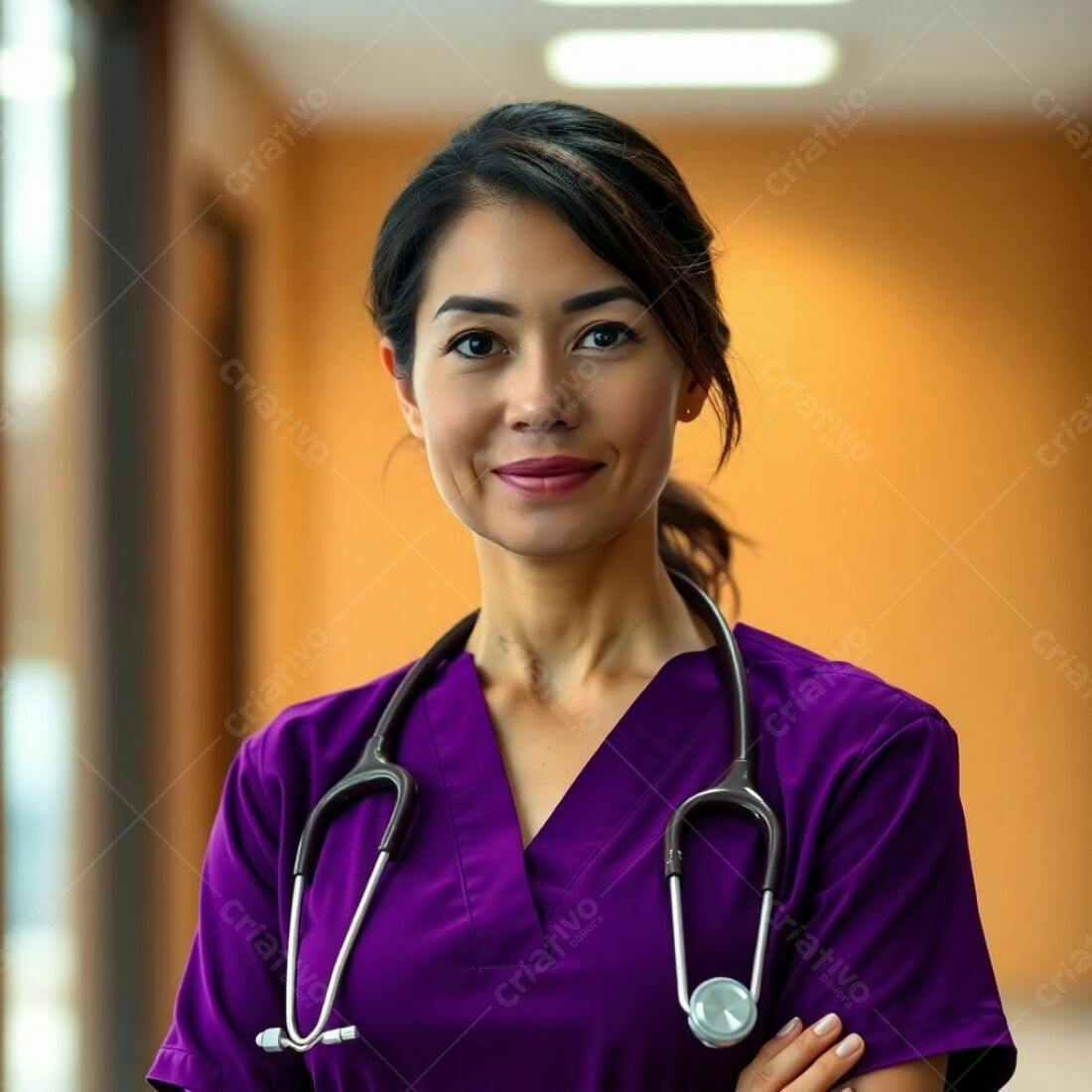 Enfermeira asiática sorridente uniforme roxo