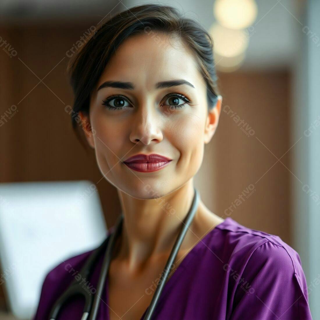Médica sorridente com estetoscópio roxo
