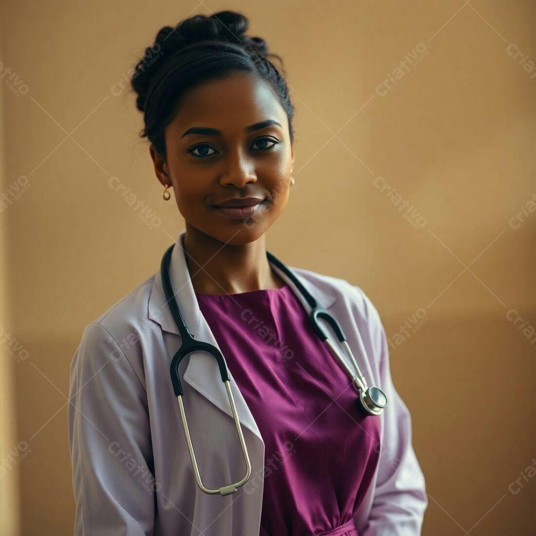 Médica Afrodescendente sorrindo usando estetoscópio