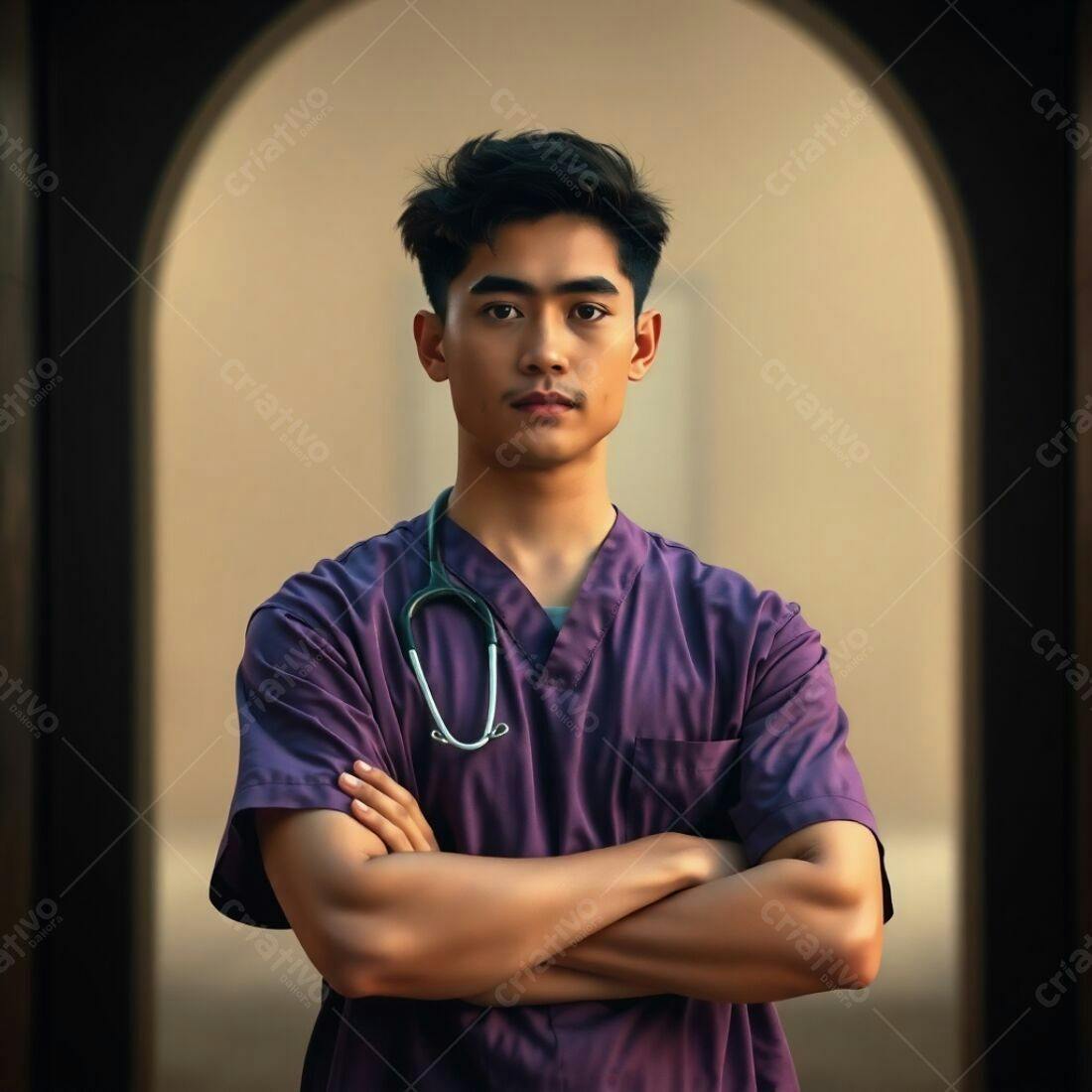 Médico asiático uniforme roxo braços cruzados