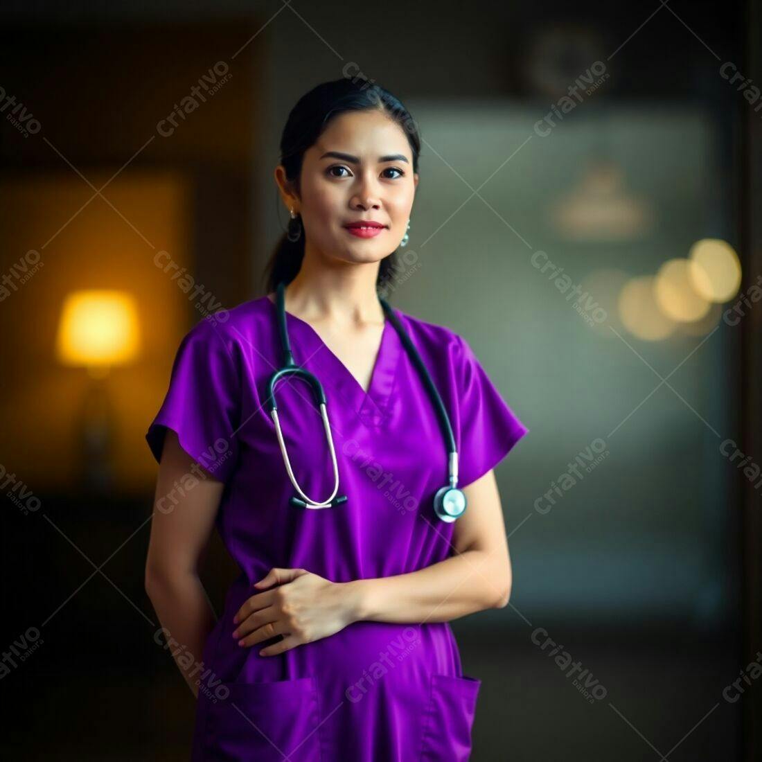 Médica asiática em uniforme roxo