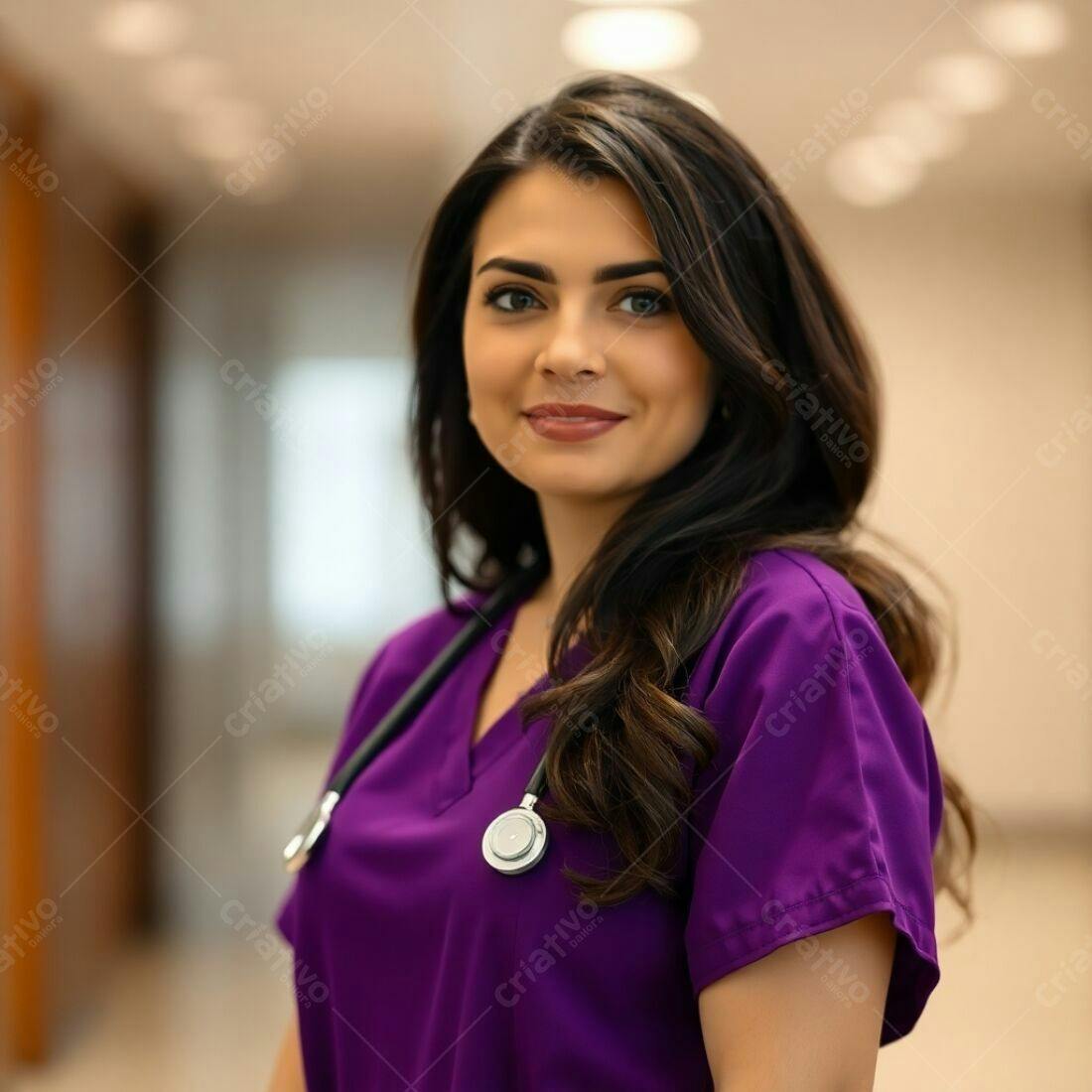 Médica sorridente uniforme roxo consultório