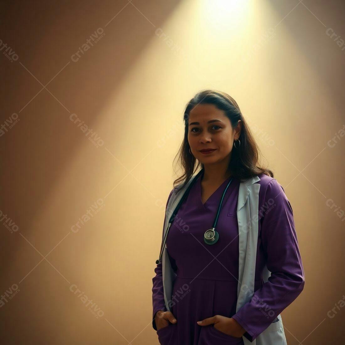 Médica latina uniforme roxo fundo bege