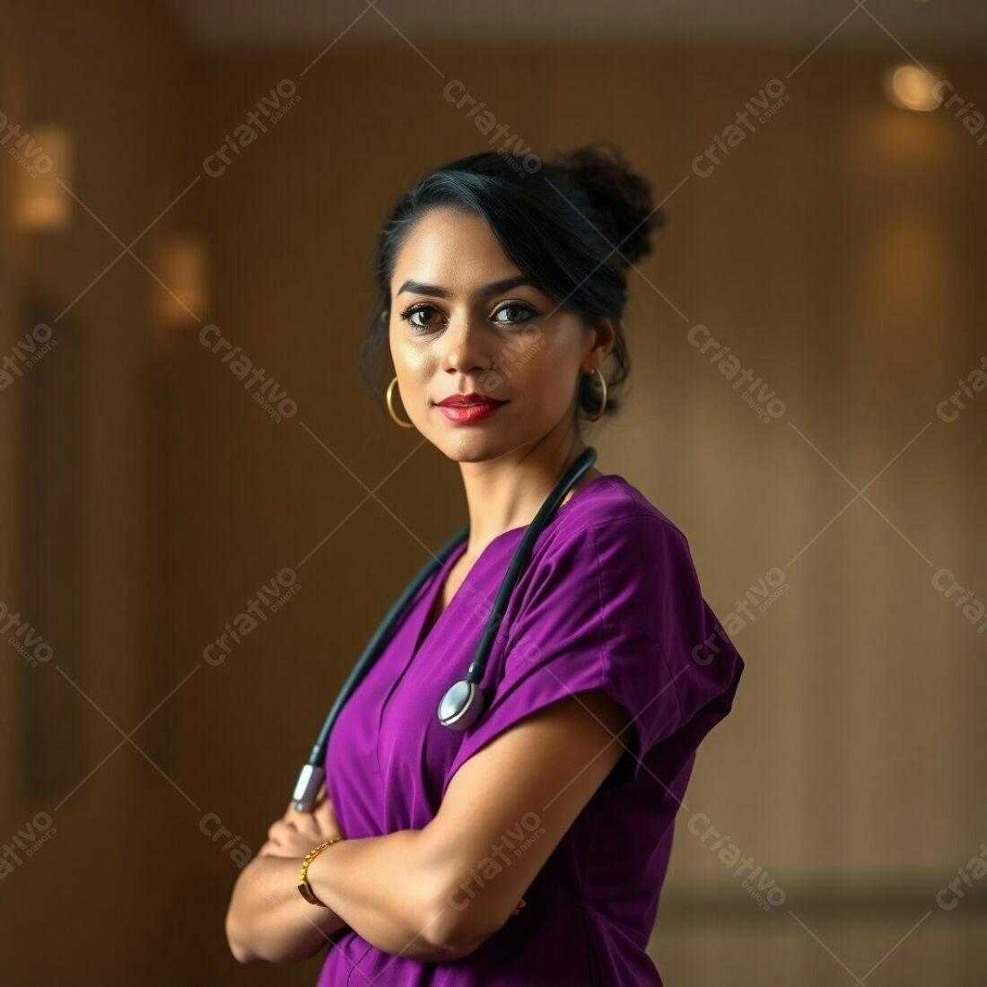 Médica de braços cruzados uniforme roxo
