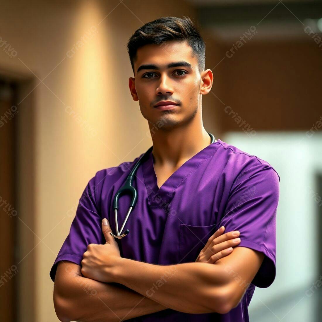 Médico jovem uniforme roxo braços cruzados